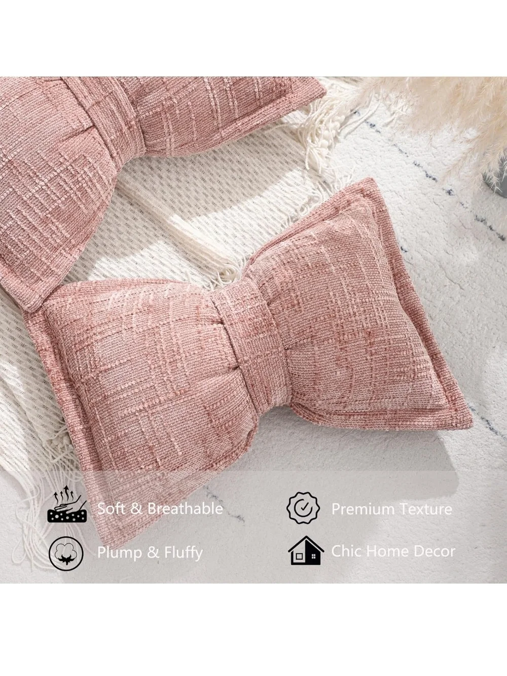 Blush Pink Bow Accent Throw Pillow Pair